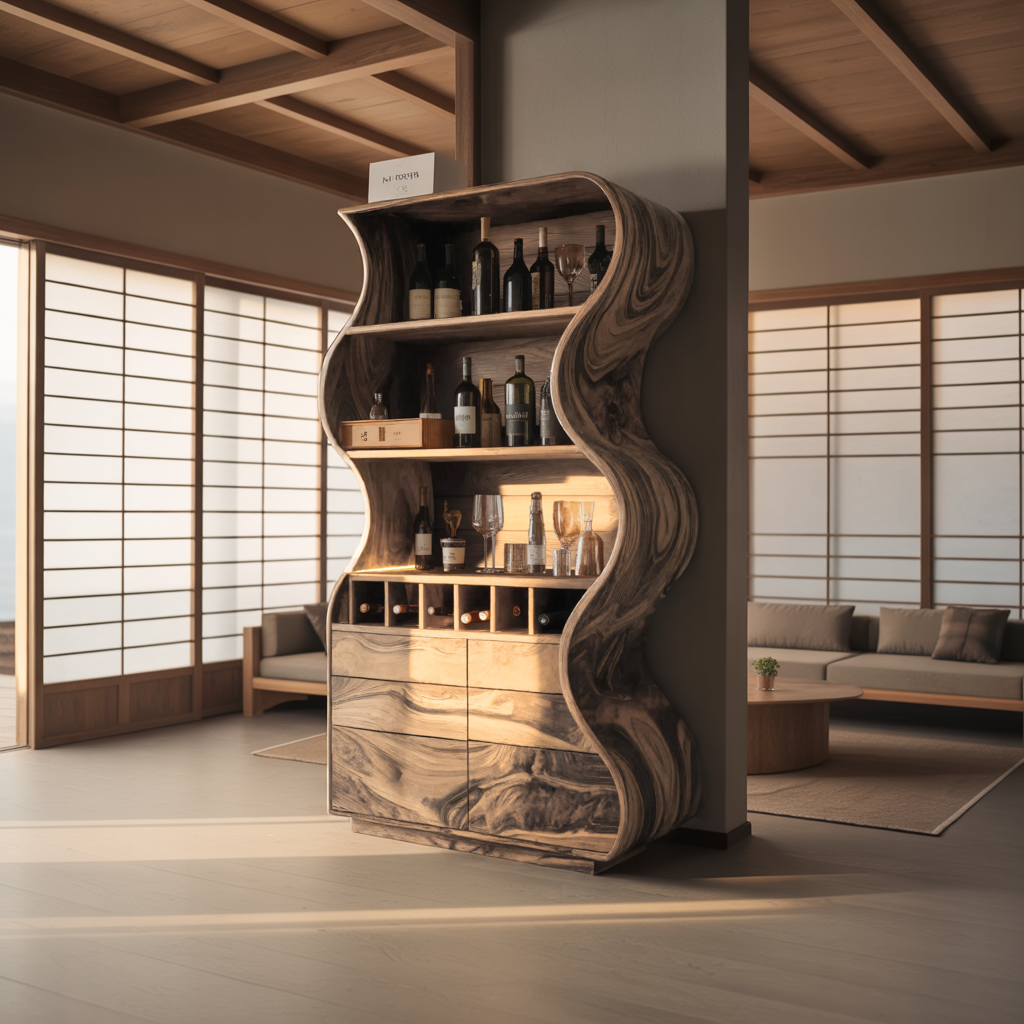 Doublewave Sculpted Solid Wood Bar Cabinet - Timberustic Bar Cabinet