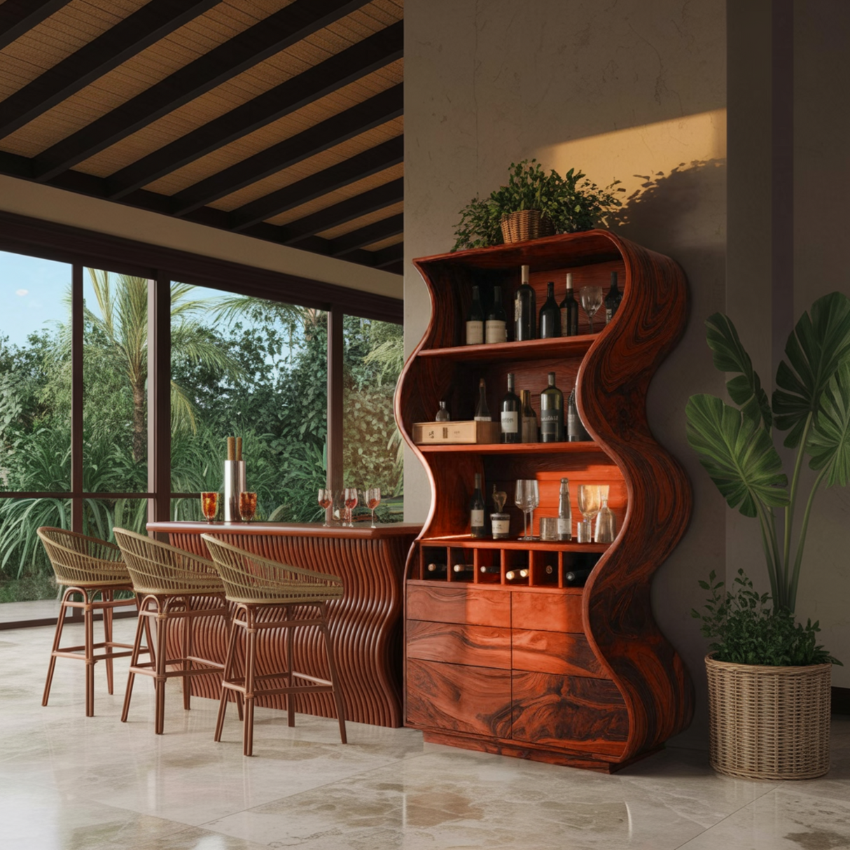 Doublewave Sculpted Solid Wood Bar Cabinet - Timberustic Bar Cabinet