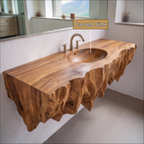Dravik Hand-Carved Solid Wood Floating Bathroom Vanity with Integrated Sink - Timberustic Floating Bathroom Vanity with Integrated Sink