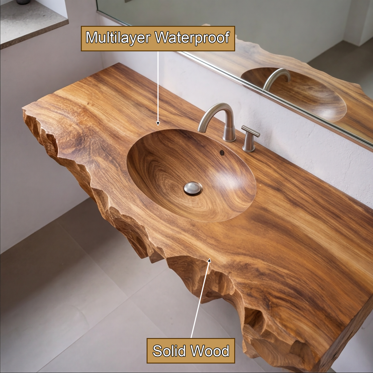 Dravik Hand-Carved Solid Wood Floating Bathroom Vanity with Integrated Sink - Timberustic Floating Bathroom Vanity with Integrated Sink