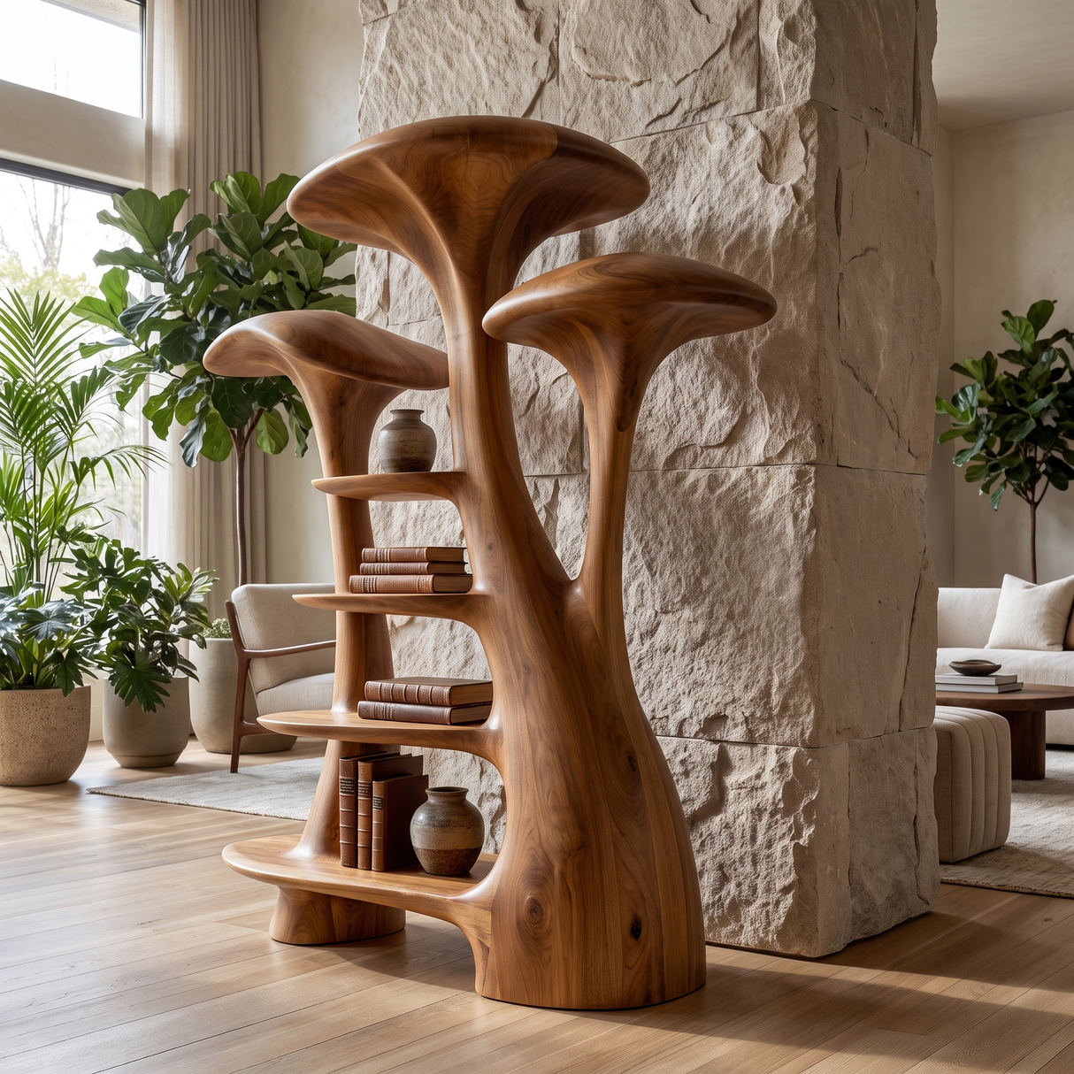 Elarion Sculpted Solid Wood Mushroom Bookshelf