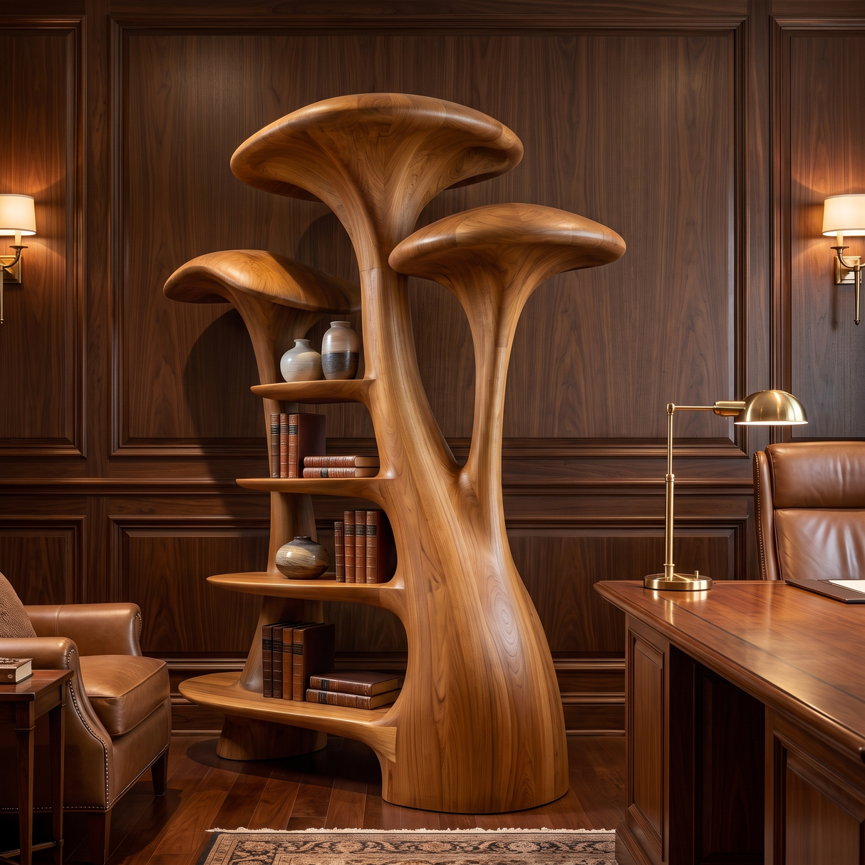 Elarion Sculpted Solid Wood Mushroom Bookshelf