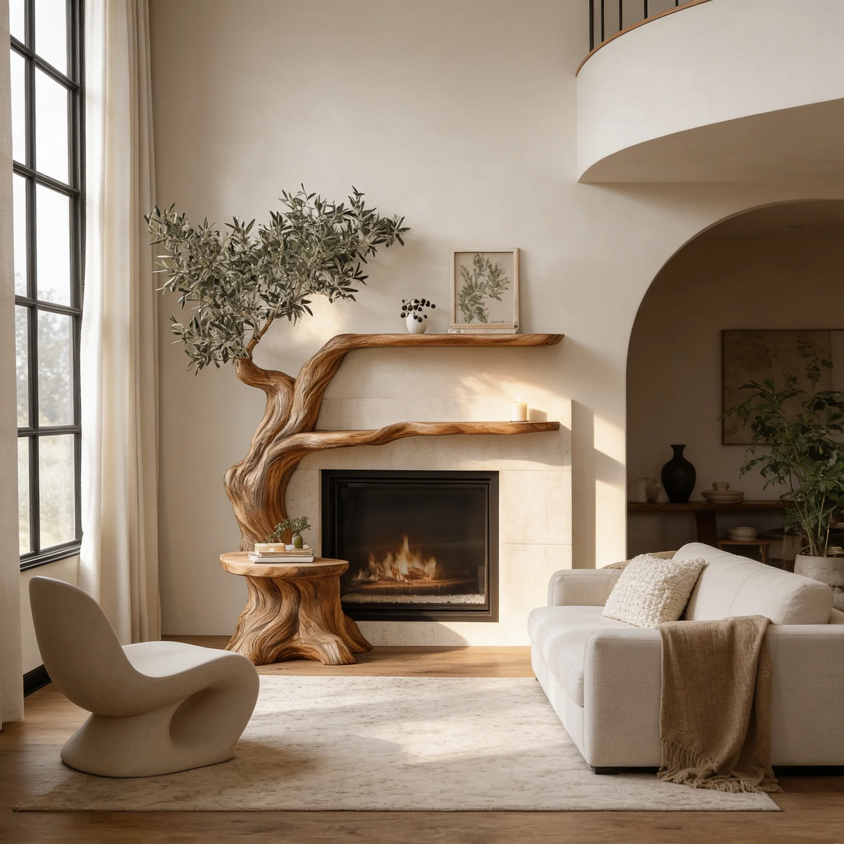 Elaris Sculpted Solid Wood Tree-Shaped Fireplace Mantel with Display Shelves - Timberustic Tree-Shaped Fireplace Mantel with Display Shelves