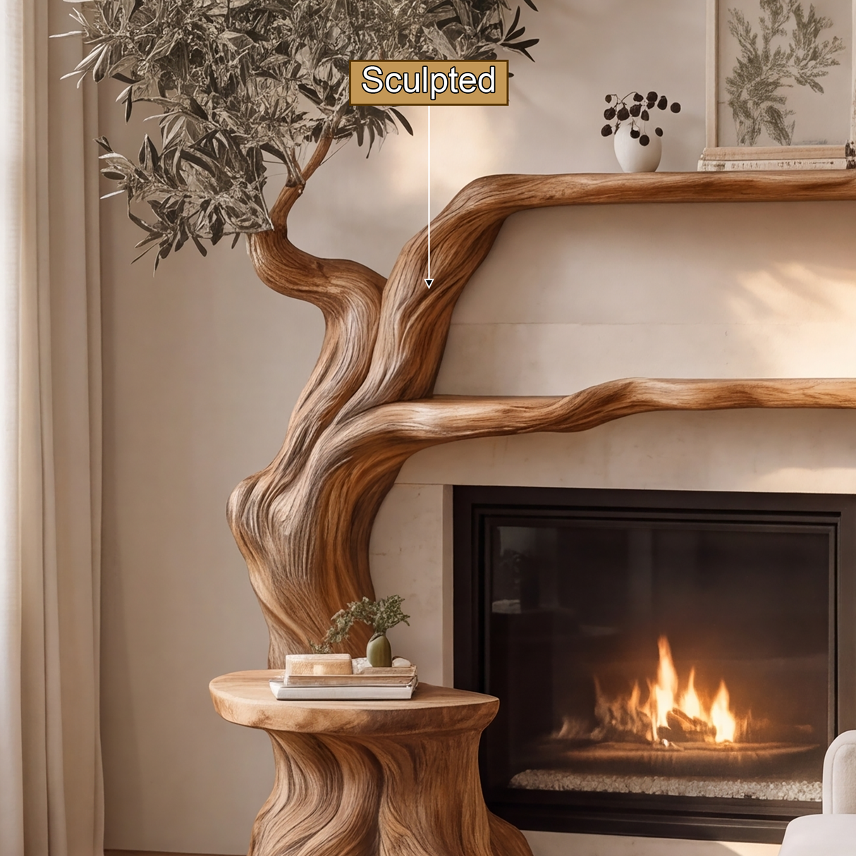 Elaris Sculpted Solid Wood Tree-Shaped Fireplace Mantel with Display Shelves - Timberustic Tree-Shaped Fireplace Mantel with Display Shelves