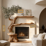 Elaris Sculpted Solid Wood Tree-Shaped Fireplace Mantel with Display Shelves - Timberustic Tree-Shaped Fireplace Mantel with Display Shelves