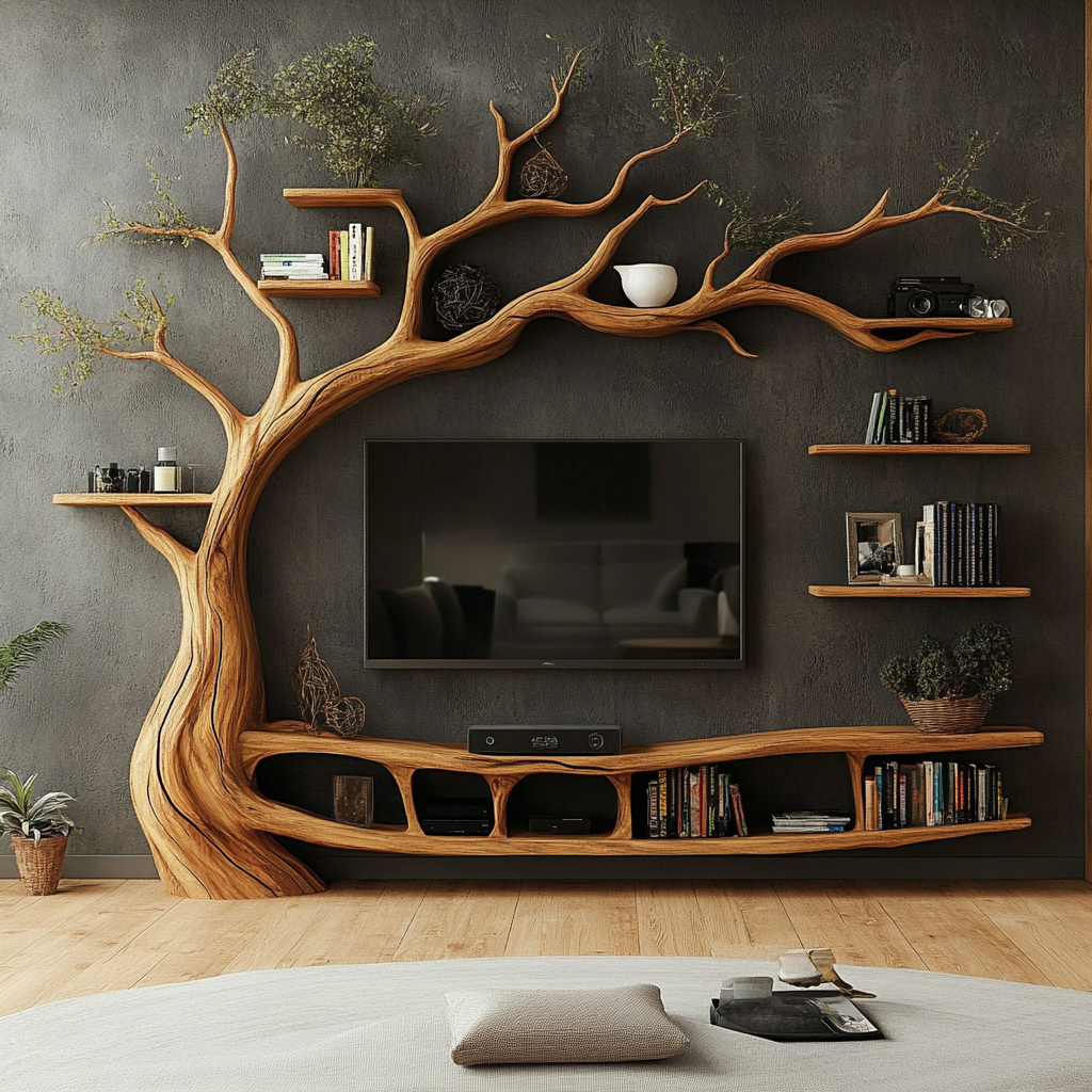 Elderglen Handcrafted Solid Wood Tree TV Console - Timberustic TV Console with Tree Shelf