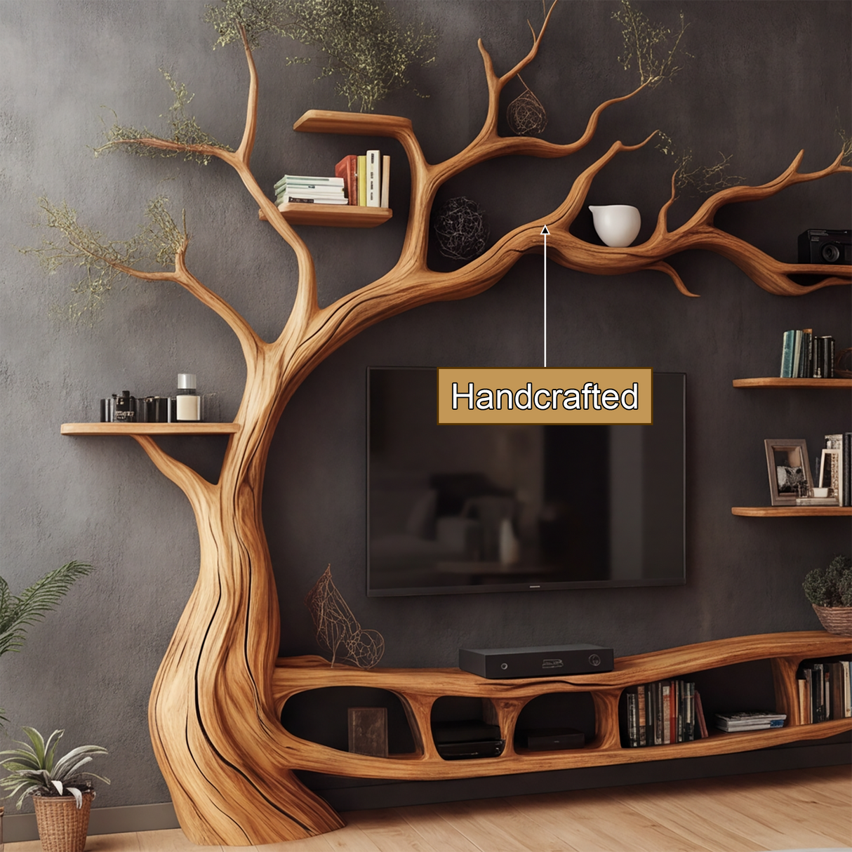Elderglen Handcrafted Solid Wood Tree TV Console - Timberustic TV Console with Tree Shelf