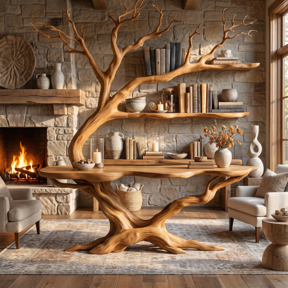 Elderglen Handcrafted Tree Console Table with Shelves Teak - Timberustic Console Table with Shelves