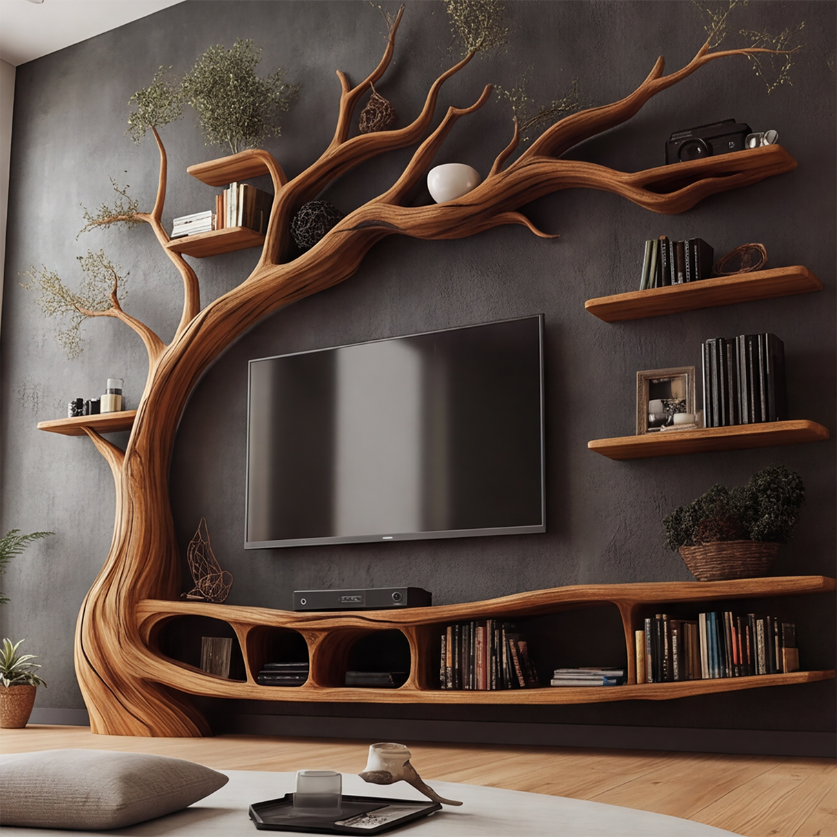 Eldergrove Handcrafted Solid Wood Tree TV Console - Timberustic TV Console with Tree Shelf