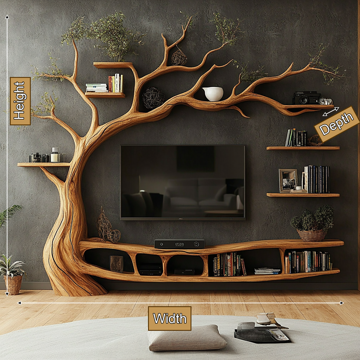 Eldergrove Handcrafted Solid Wood Tree TV Console - Timberustic TV Console with Tree Shelf