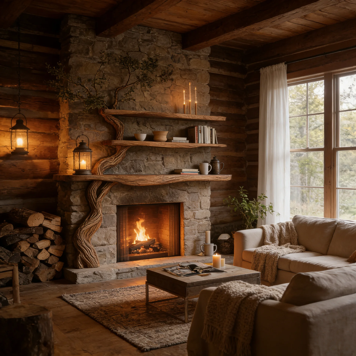 Eldergrove Sculpted Solid Wood Tree-Shaped Fireplace Mantel with Display Shelves - Timberustic Tree-Shaped Fireplace Mantel with Display Shelves