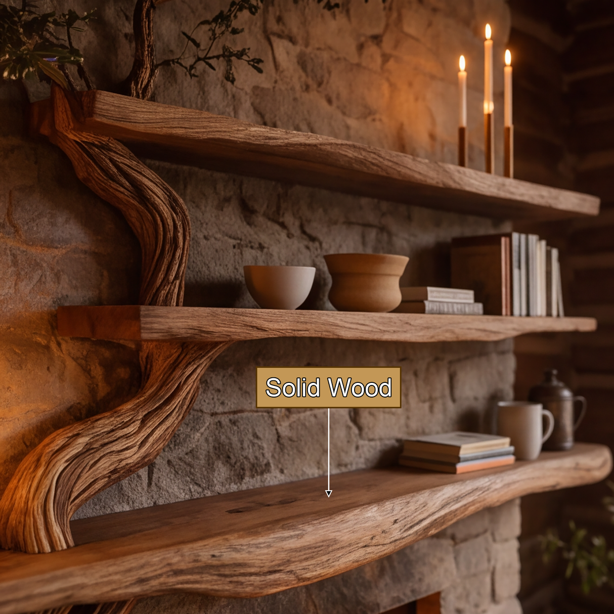 Eldergrove Sculpted Solid Wood Tree-Shaped Fireplace Mantel with Display Shelves - Timberustic Tree-Shaped Fireplace Mantel with Display Shelves