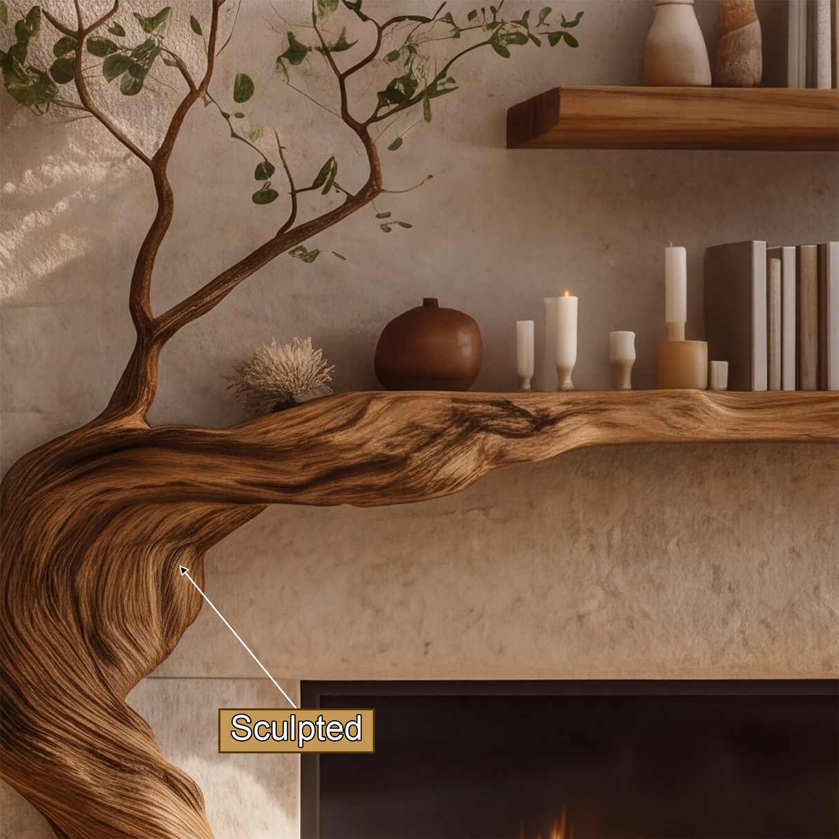 Eldervine Sculpted Solid Wood Tree-Shaped Fireplace Mantel with Display Shelves - Timberustic Tree-Shaped Fireplace Mantel with Display Shelves