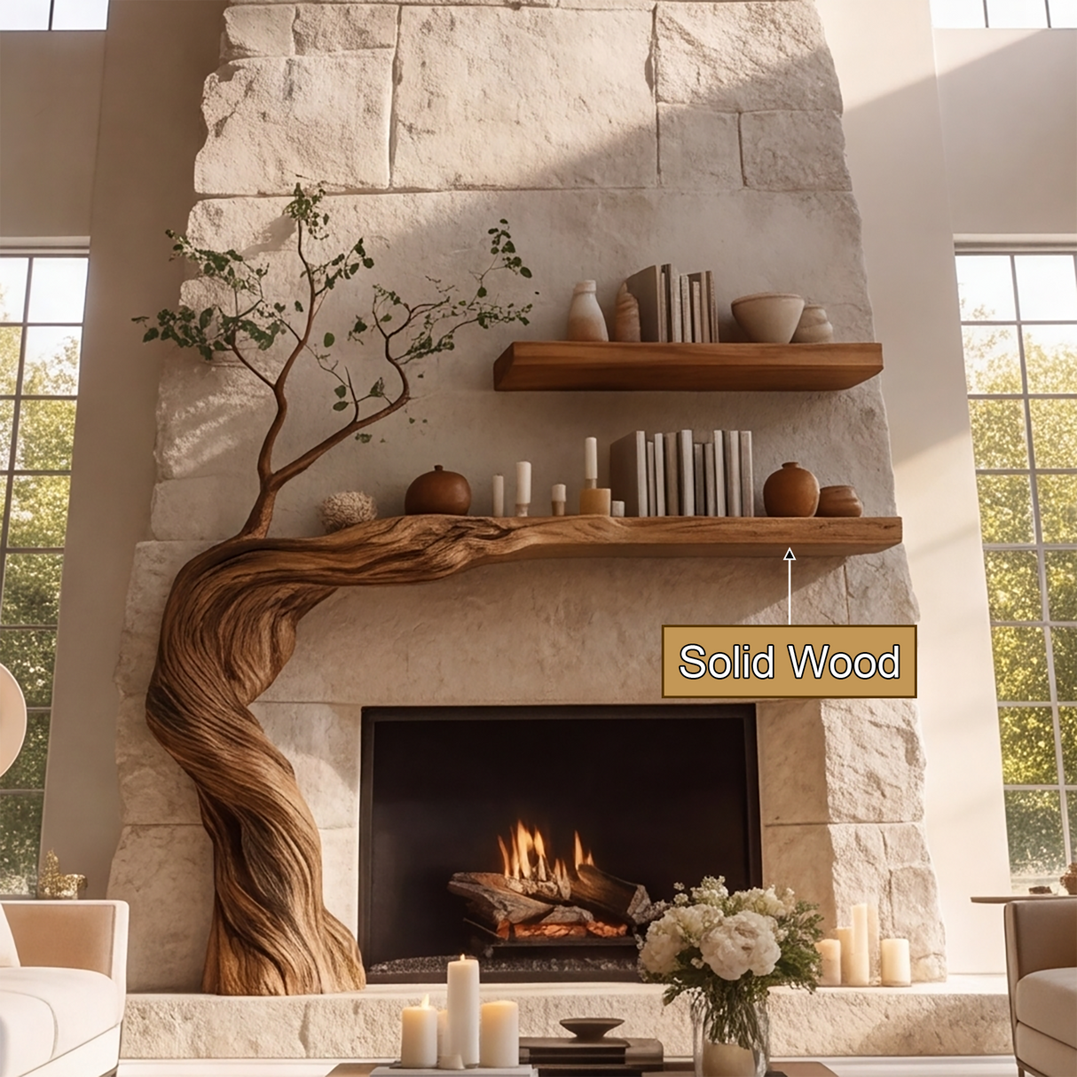 Eldervine Sculpted Solid Wood Tree-Shaped Fireplace Mantel with Display Shelves - Timberustic Tree-Shaped Fireplace Mantel with Display Shelves