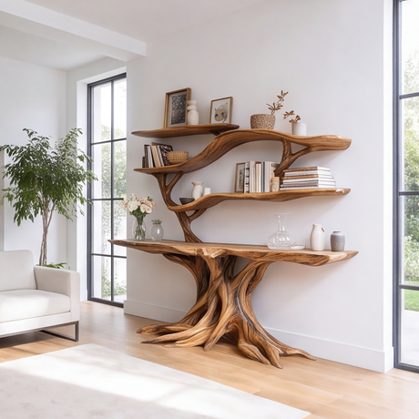 Elyndor Sculpted Solid Wood Console Table with Shelves - Timberustic Console Table with Shelves
