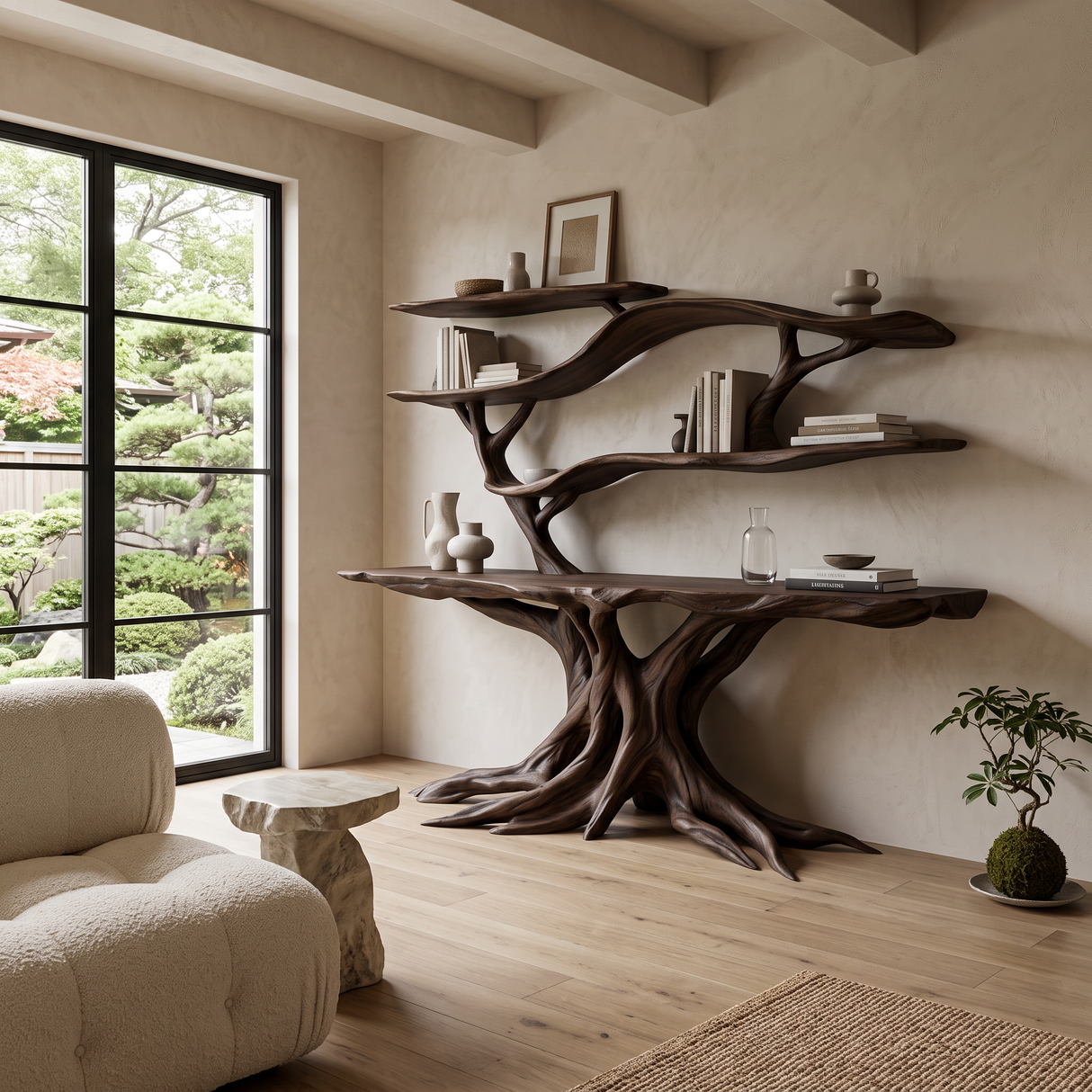 Elyndor Sculpted Solid Wood Console Table with Shelves Dark Walnut - Timberustic Console Table with Shelves