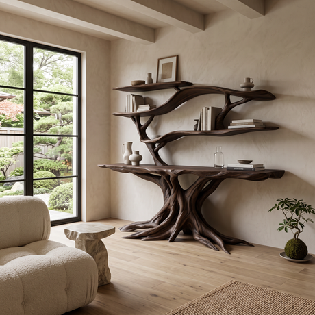 Elyndor Sculpted Solid Wood Console Table with Shelves Dark Walnut - Timberustic Console Table with Shelves