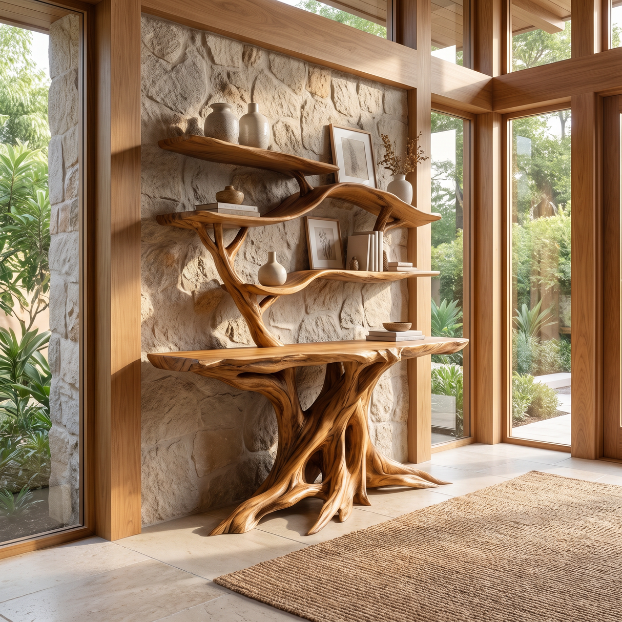 Elyndor Sculpted Solid Wood Console Table with Shelves Teak - Timberustic Console Table with Shelves