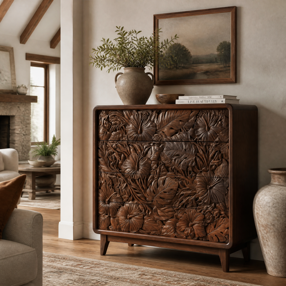 Floravelle Sculpted Solid Wood Sideboard Cabinet
