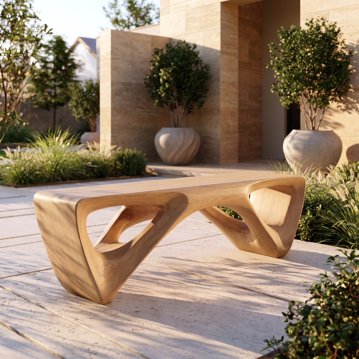 Kavora Sculpted Solid Wood Outdoor Bench Natural Oak - Timberustic Bench