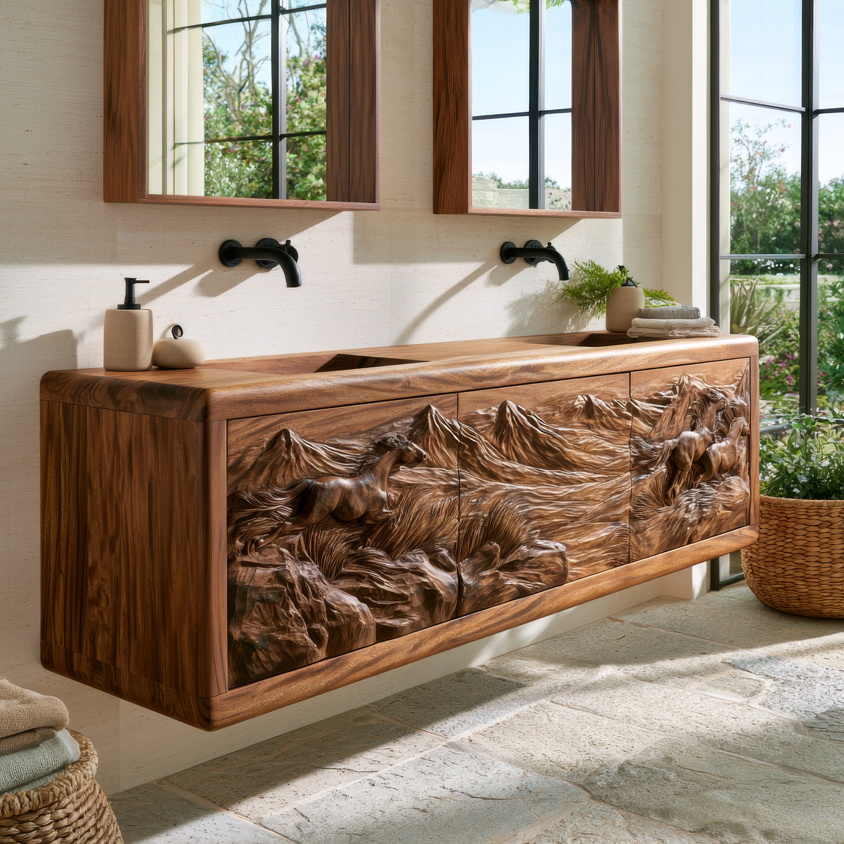 Montavero Handcrafted Solid Wood Floating Bathroom Vanity with Integrated Sink and Drawers