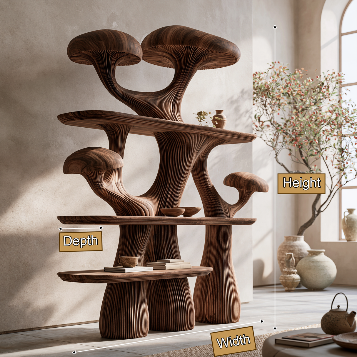 Mycelora Sculpted Solid Wood Mushroom Bookshelf