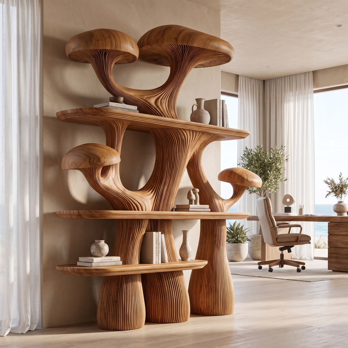 Mycelora Sculpted Solid Wood Mushroom Bookshelf