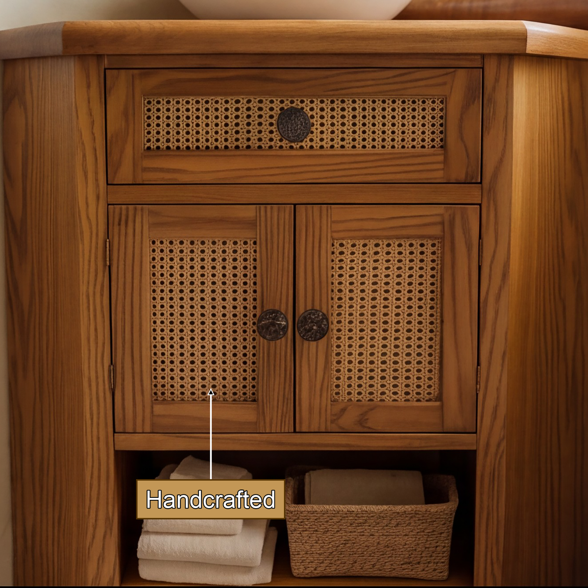 Tava Rattan-Front Corner Bathroom Vanity - Timberustic Corner Bathroom Vanity