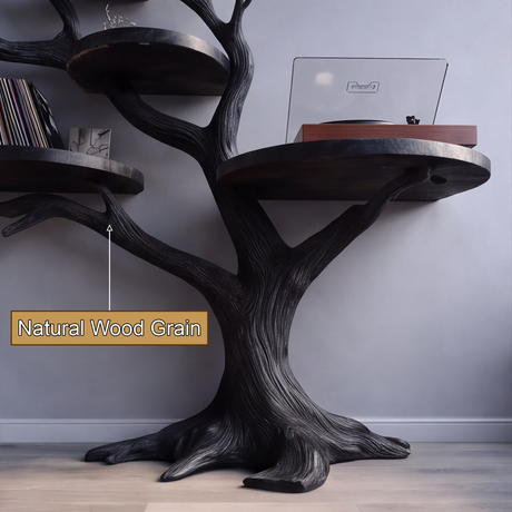 Noirbranch Sculpted Solid Wood Record Player Stand - Timberustic Record Player Stand With Storage
