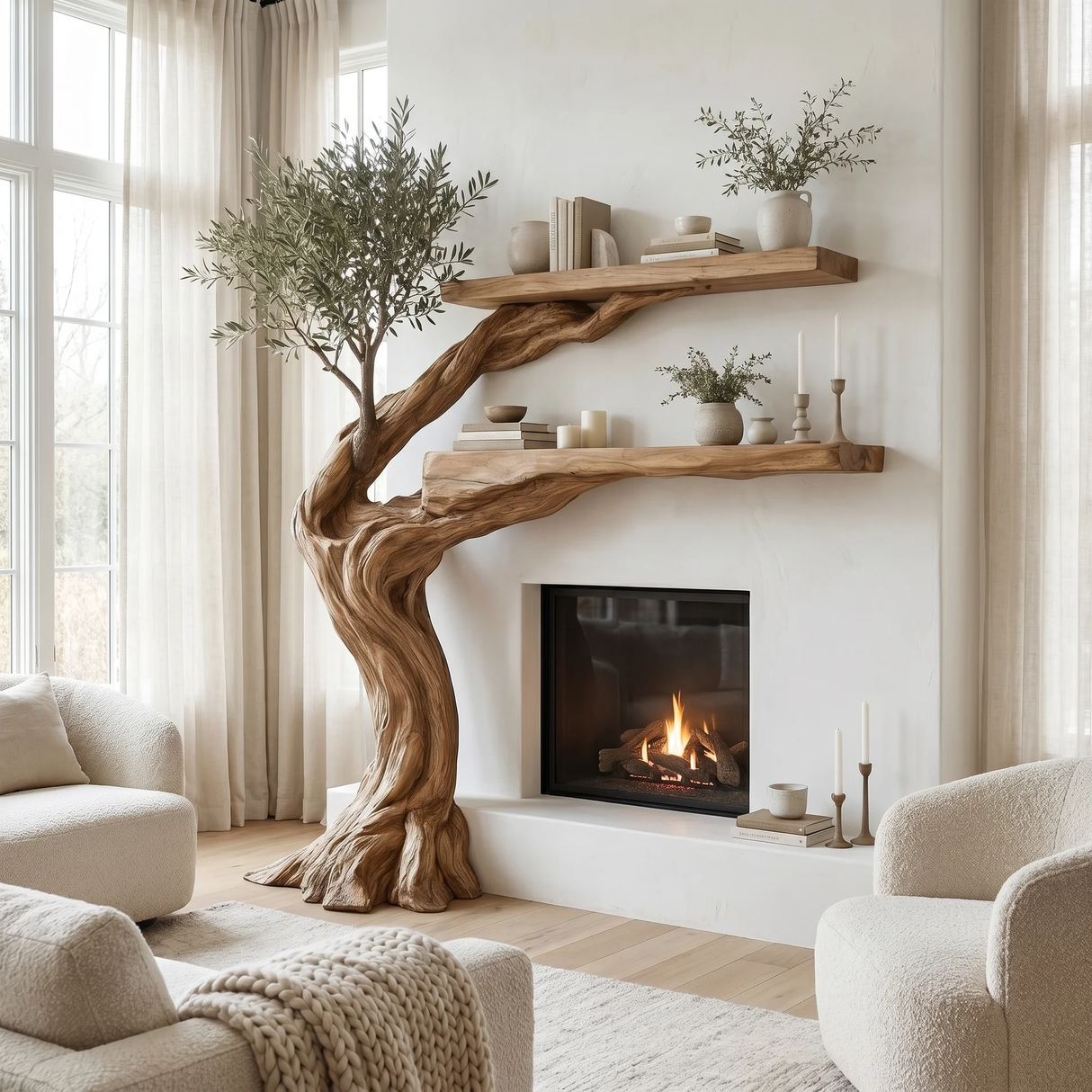 Olivara Sculpted Solid Wood Tree-Shaped Fireplace Mantel with Display Shelves - Timberustic Tree-Shaped Fireplace Mantel with Display Shelves