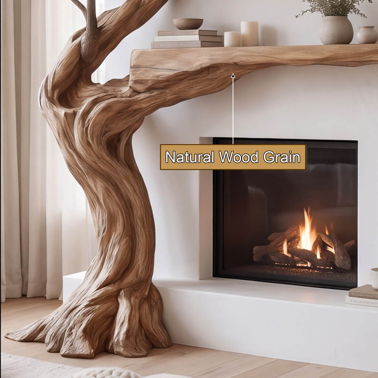 Olivara Sculpted Solid Wood Tree-Shaped Fireplace Mantel with Display Shelves - Timberustic Tree-Shaped Fireplace Mantel with Display Shelves