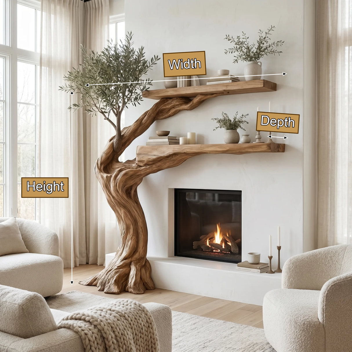 Olivara Sculpted Solid Wood Tree-Shaped Fireplace Mantel with Display Shelves - Timberustic Tree-Shaped Fireplace Mantel with Display Shelves
