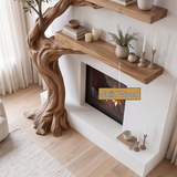 Olivara Sculpted Solid Wood Tree-Shaped Fireplace Mantel with Display Shelves - Timberustic Tree-Shaped Fireplace Mantel with Display Shelves