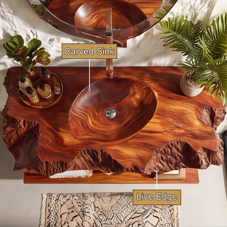 Orvath Sculpted Live Edge Solid Wood Floating Bathroom Vanity with Integrated Sink - Timberustic Floating Bathroom Vanity with Integrated Sink