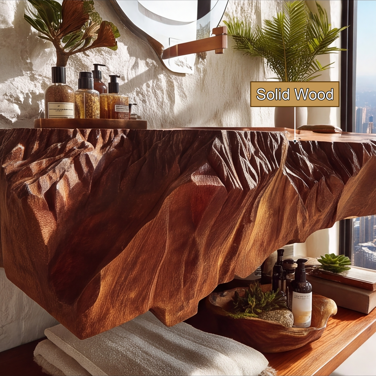 Orvath Sculpted Live Edge Solid Wood Floating Bathroom Vanity with Integrated Sink - Timberustic Floating Bathroom Vanity with Integrated Sink