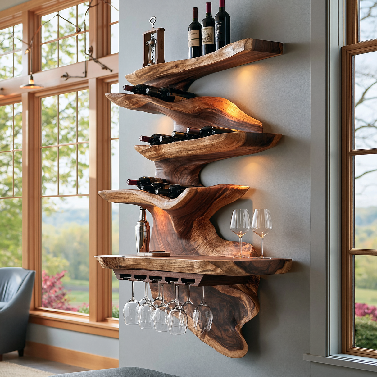 Rivora Live Edge Solid Wood Floating Wine Shelf