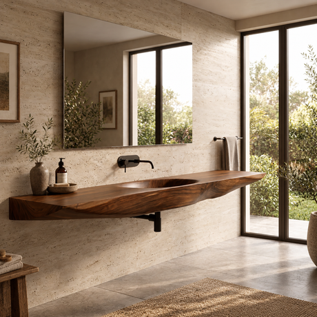 Sylavyn Sculpted Slab Handcrafted Floating Bathroom Vanity with Integrated Sink Brown - Timberustic Floating Bathroom Vanity with Integrated Sink