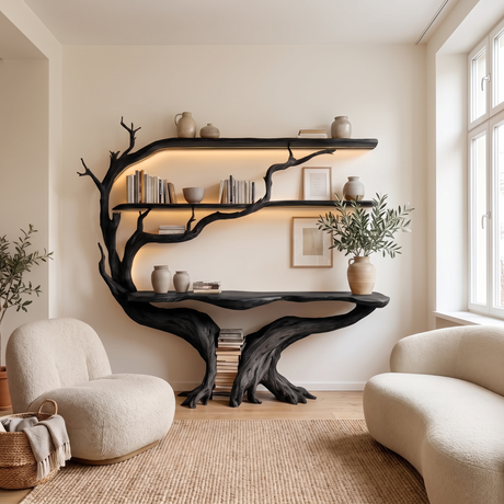 Sylthera Sculpted Solid Wood Console Table with Shelves Black - Timberustic Console Table with Shelves