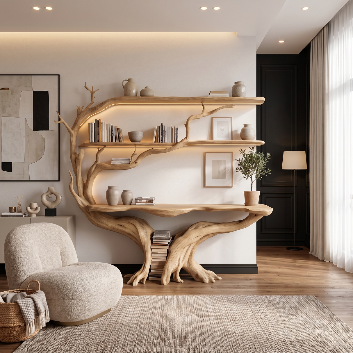 Sylthera Sculpted Solid Wood Console Table with Shelves Natural Oak - Timberustic Console Table with Shelves