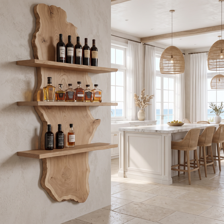 Sylvara Live Edge Solid Wood Floating Wine Shelf Natural Oak - Timberustic Floating Wine Shelf