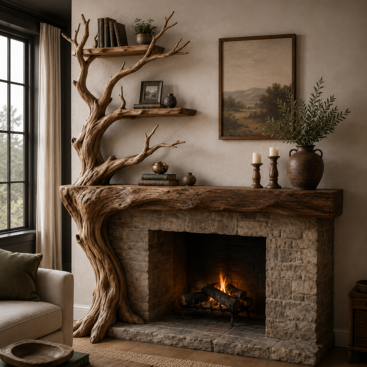 Sylvara Sculpted Solid Wood Tree-Shaped Fireplace Mantel with Display Shelves - Timberustic Tree-Shaped Fireplace Mantel with Display Shelves