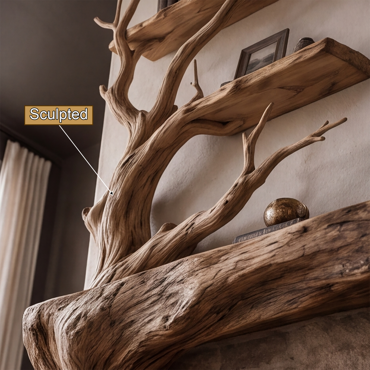 Sylvara Sculpted Solid Wood Tree-Shaped Fireplace Mantel with Display Shelves - Timberustic Tree-Shaped Fireplace Mantel with Display Shelves