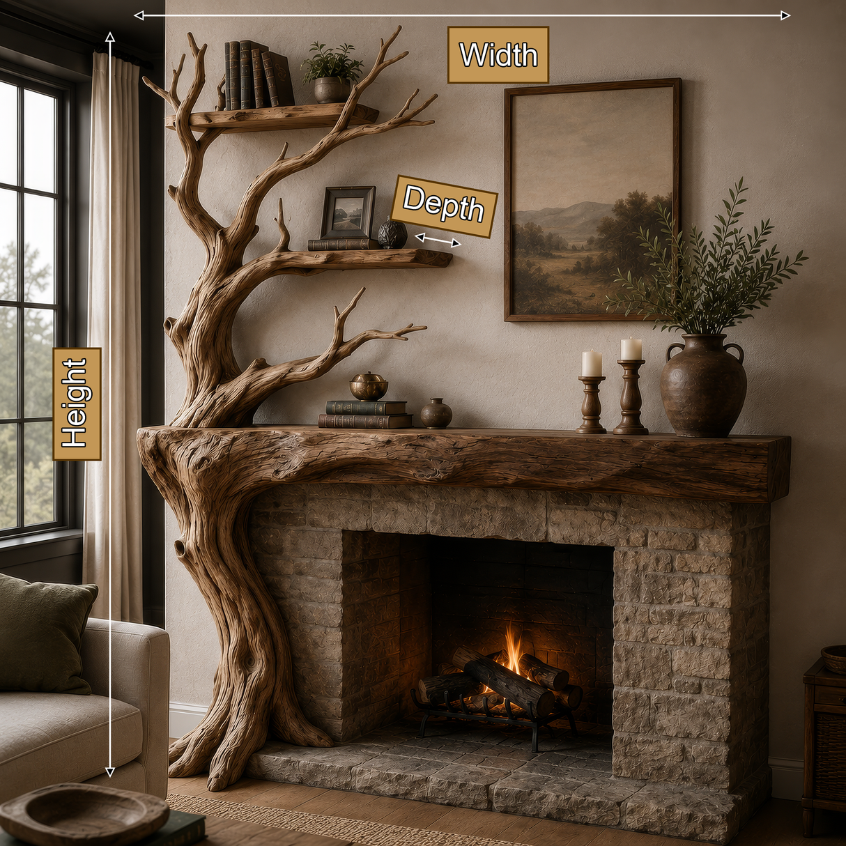 Sylvara Sculpted Solid Wood Tree-Shaped Fireplace Mantel with Display Shelves - Timberustic Tree-Shaped Fireplace Mantel with Display Shelves