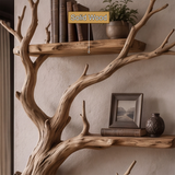 Sylvara Sculpted Solid Wood Tree-Shaped Fireplace Mantel with Display Shelves - Timberustic Tree-Shaped Fireplace Mantel with Display Shelves