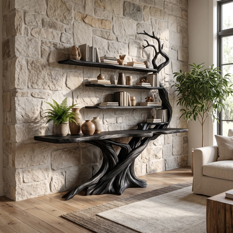 Sylvarion Sculpted Solid Wood Console Table with Shelves Black - Timberustic Console Table with Shelves