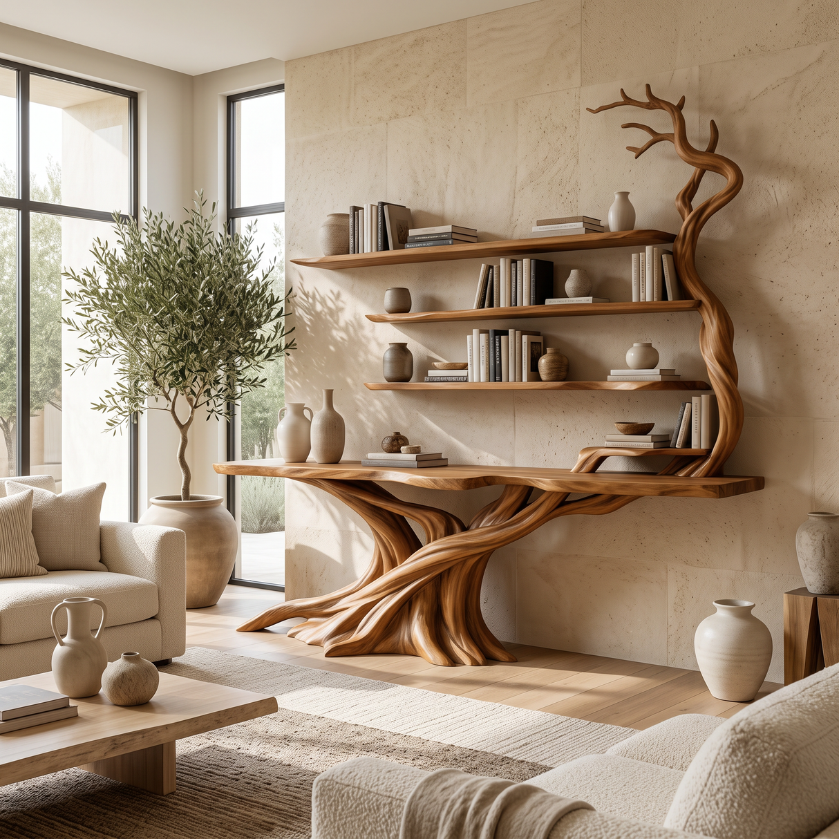 Sylvarion Sculpted Solid Wood Console Table with Shelves Brown - Timberustic Console Table with Shelves