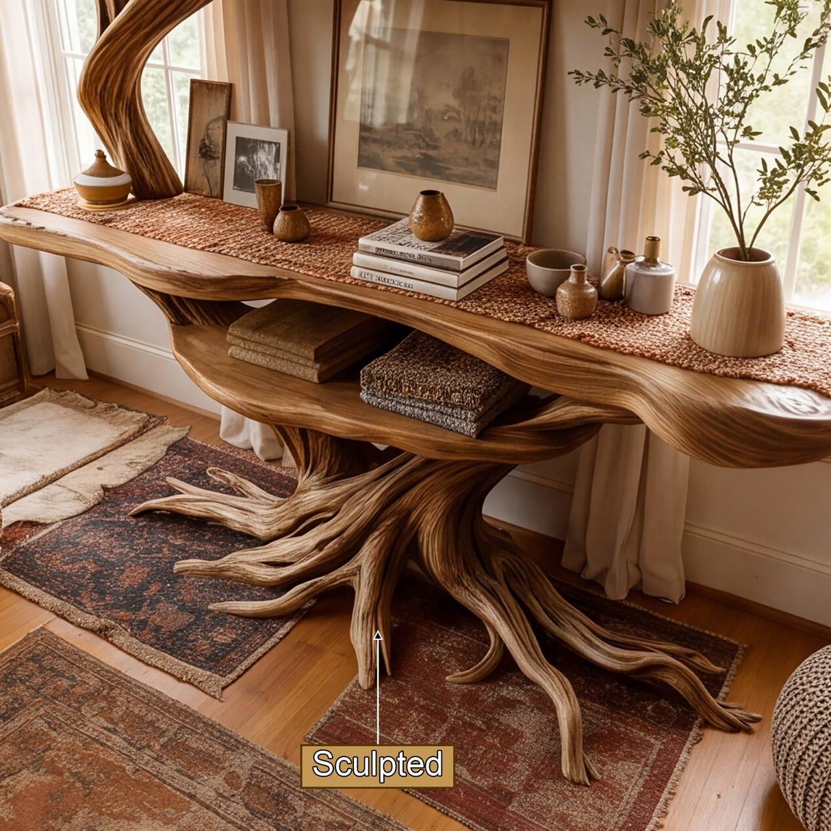 Sylvarion Sculpted Solid Wood Console Table with Shelves - Timberustic Console Table with Shelves