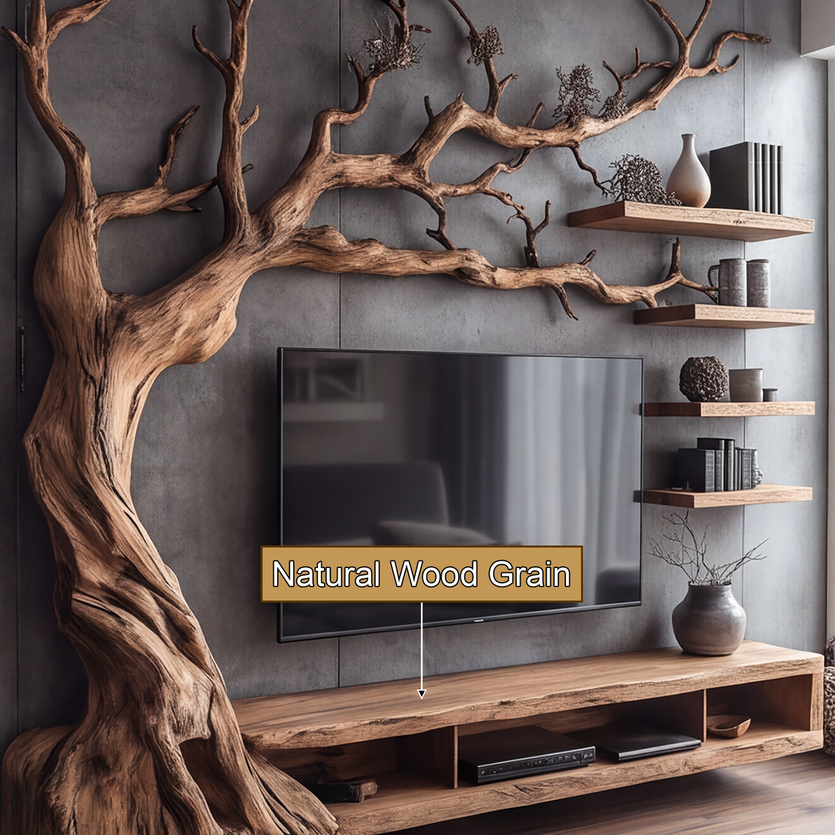 Sylvaris Handcrafted Solid Wood Tree TV Console - Timberustic TV Console with Tree Shelf