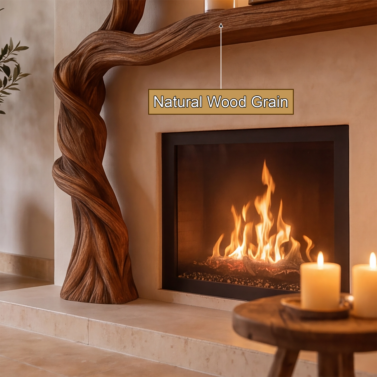 Sylvaris Sculpted Solid Wood Tree-Shaped Fireplace Mantel with Display Shelves - Timberustic Tree-Shaped Fireplace Mantel with Display Shelves