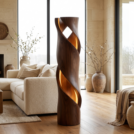 Thaloris Sculpted Helical Integrated LED Wood Floor Lamp Dark Walnut - Timberustic Floor Lamp